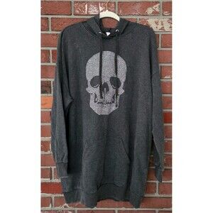 XL Rhinestone Sparkle Skull Grunge Goth Hoodie Sweatshirt Long Hoodie